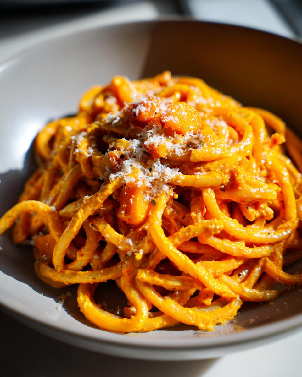 Close-up of Kürbispasta mit Frischkäse, topped with grated cheese in a grey bowl.