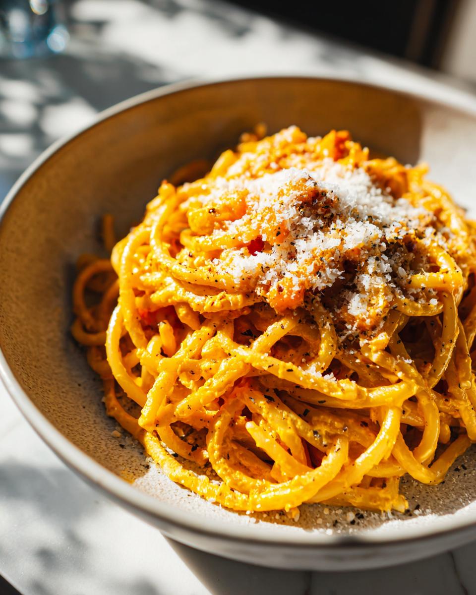 Close-up of Kürbispasta mit Frischkäse in a bowl, topped with grated cheese and herbs.