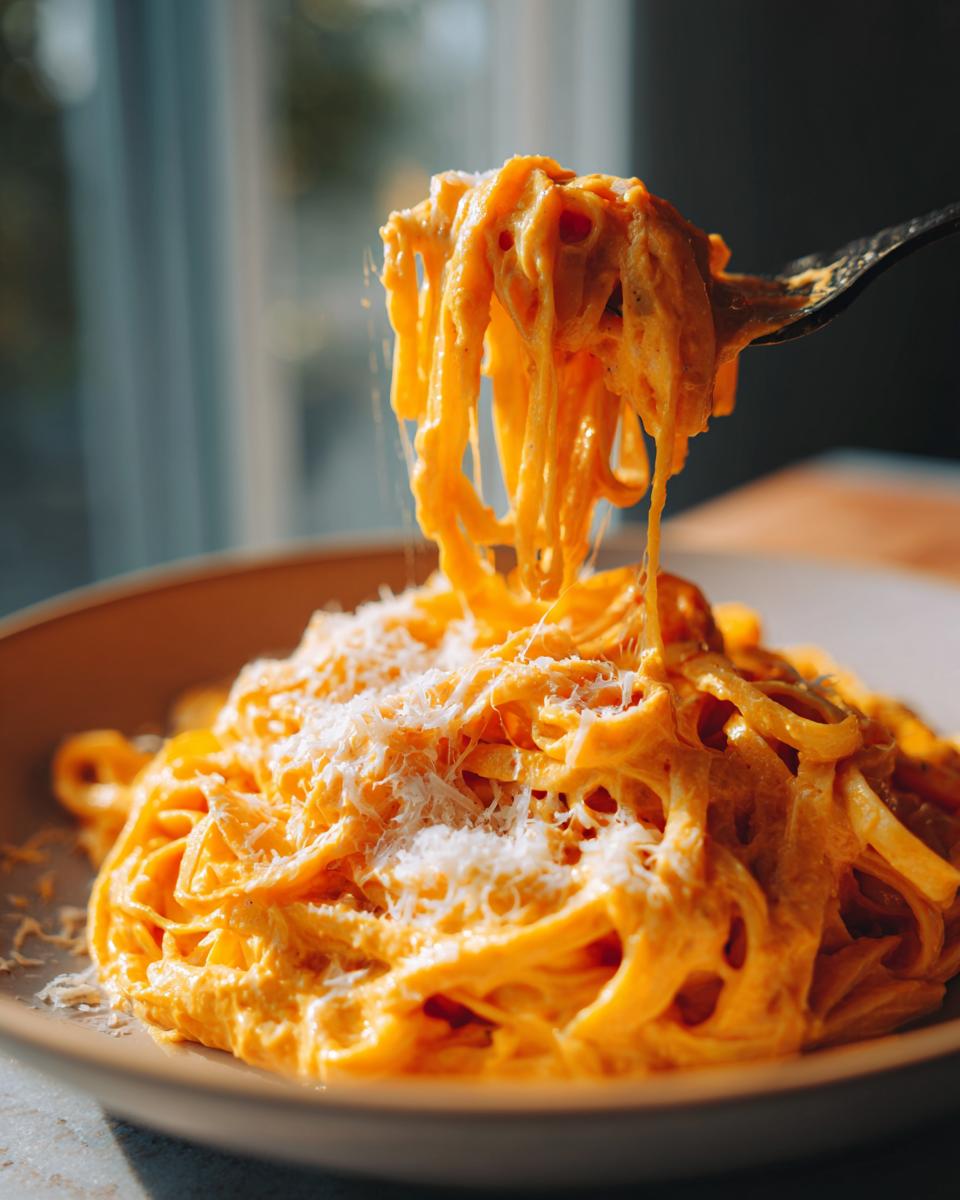 Fork lifting Kürbispasta mit Frischkäse, showing creamy sauce and cheese topping.