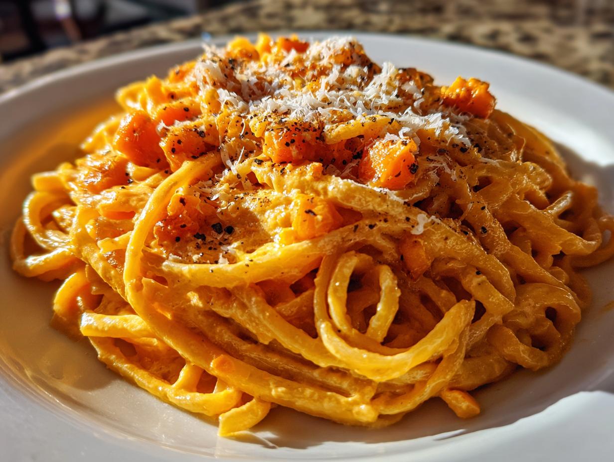 Close-up of Kürbispasta mit Frischkäse (pumpkin pasta with cream cheese) topped with cheese and pepper.