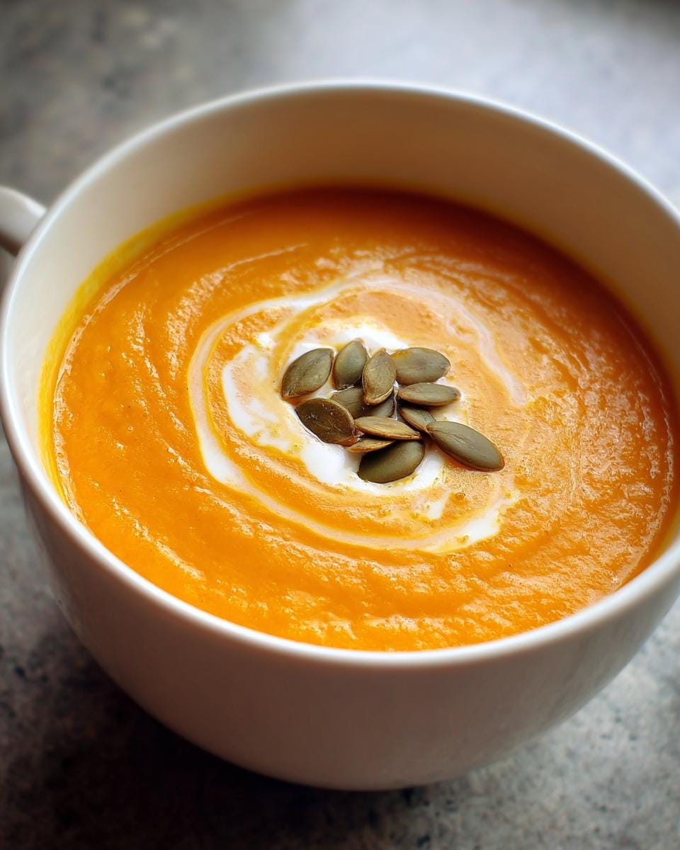 Close-up of Kürbissuppe zu Halloween - Rezept, topped with cream and pumpkin seeds in a white bowl.