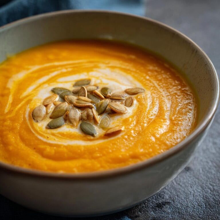 Bowl of Kürbissuppe zu Halloween - Rezept, topped with cream and pumpkin seeds.