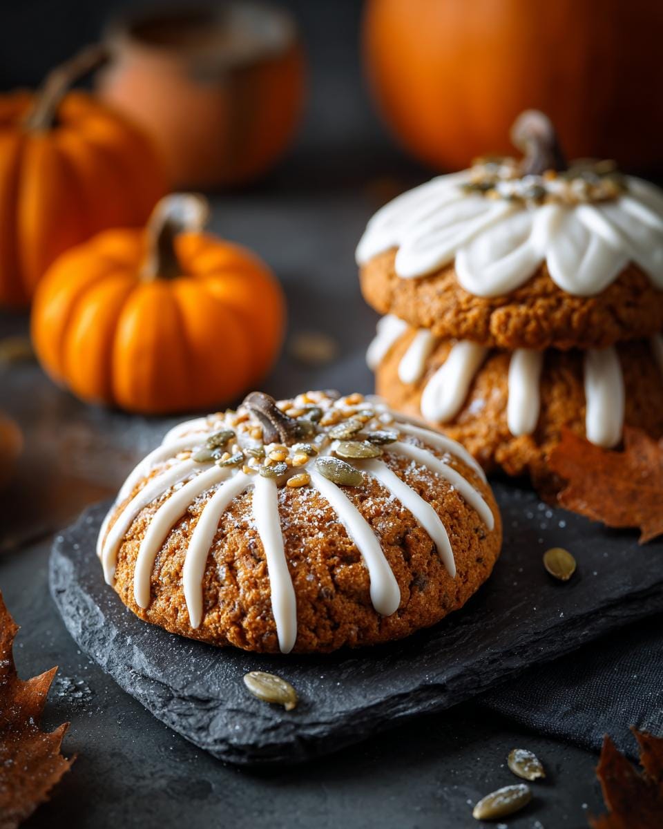 Close-up of decorated Kürbiskekse mit Zuckerguss für Halloween, styled as pumpkins with frosting and seeds.