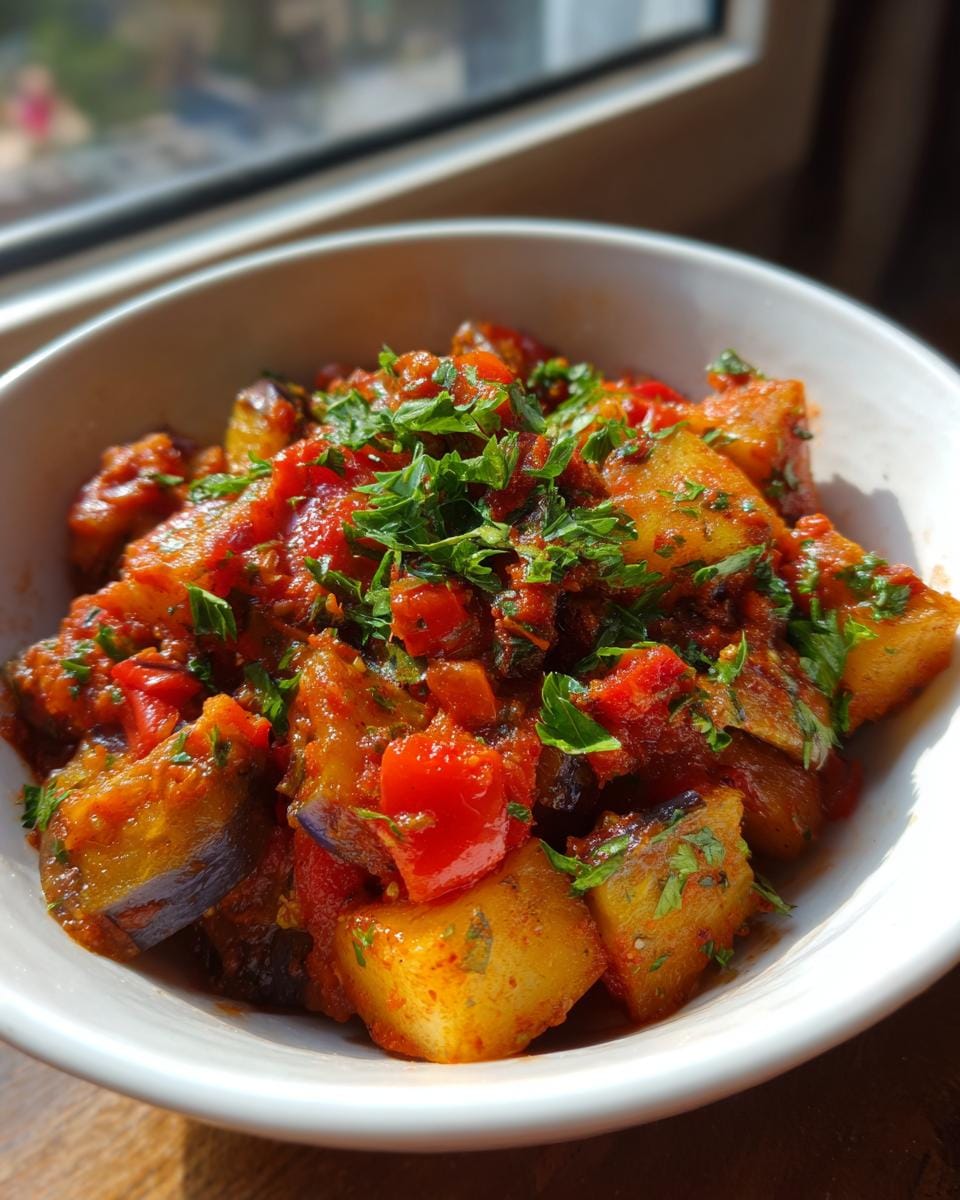 Close-up of Leckere türkische Auberginenpfanne einfach zubereitet in a white bowl, garnished with fresh parsley.