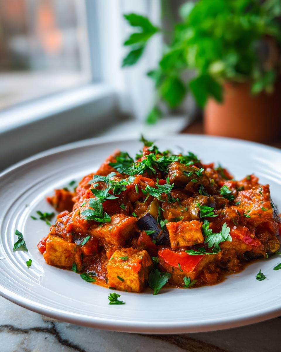Teller mit leckere türkische Auberginenpfanne, garniert mit frischer Petersilie. Einfach zubereitet.