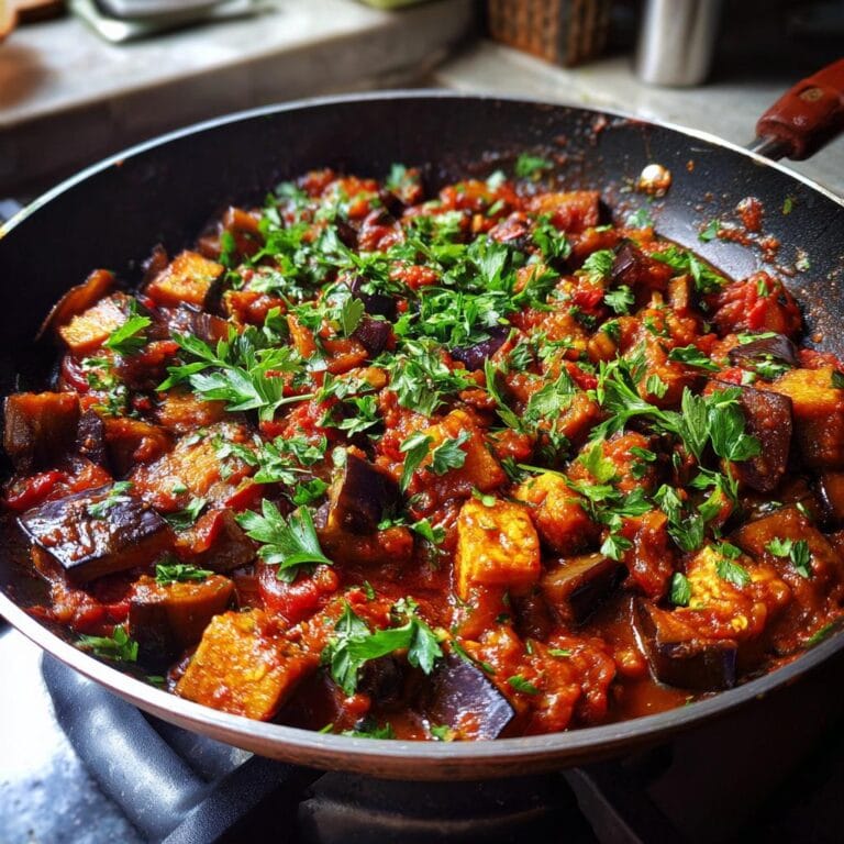 Close-up of Leckere türkische Auberginenpfanne einfach zubereitet, garnished with fresh parsley in a pan.