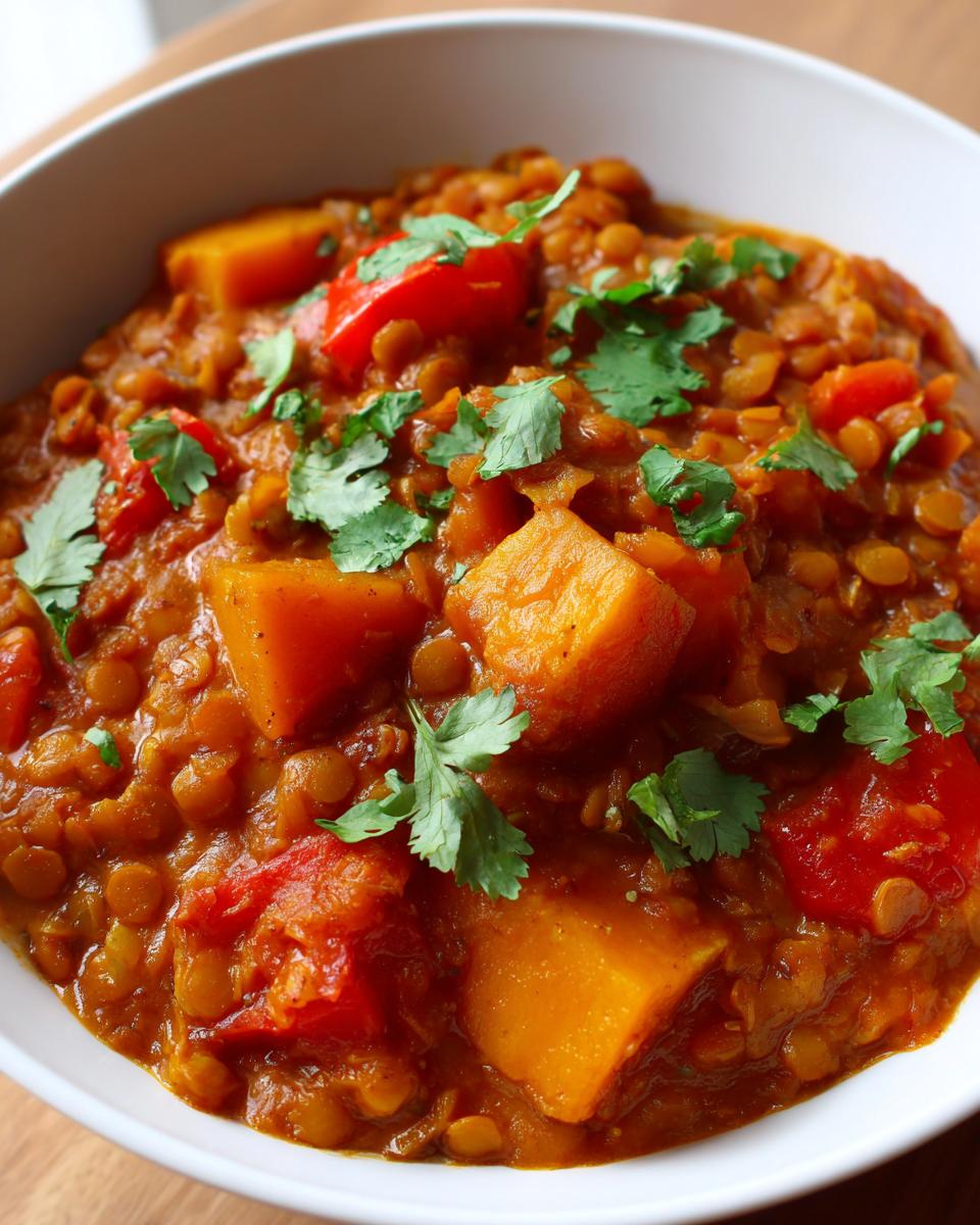 Bowl of creamy Linsen-Curry mit Kürbis und Kokosmilch, garnished with cilantro.