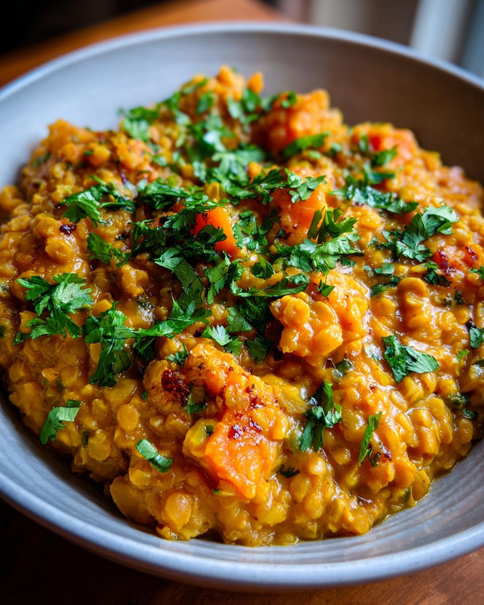 Close-up of Linsen-Curry mit Kürbis und Kokosmilch in a bowl, garnished with fresh parsley.