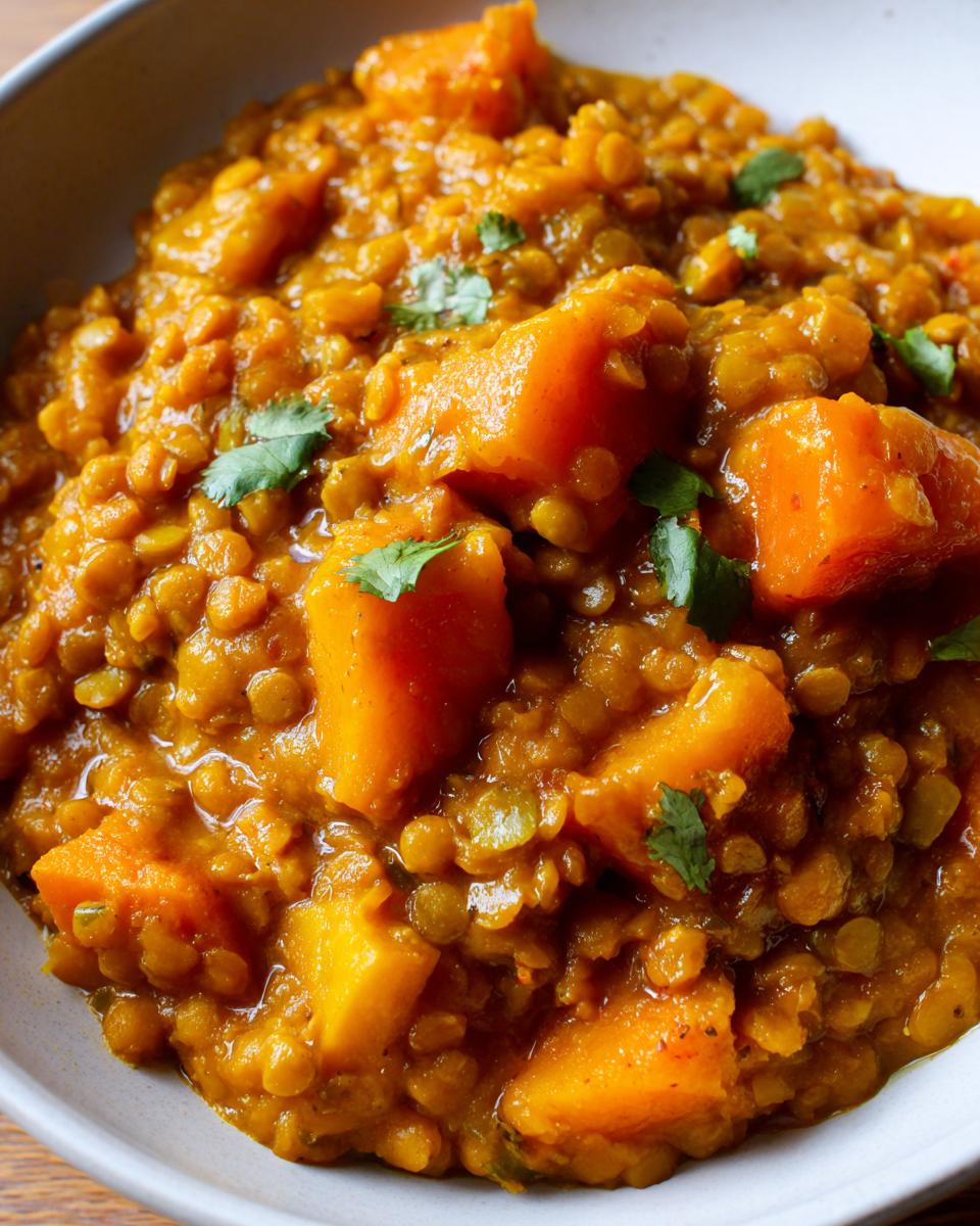 Close-up of Linsen-Curry mit Kürbis und Kokosmilch in a bowl, garnished with cilantro.