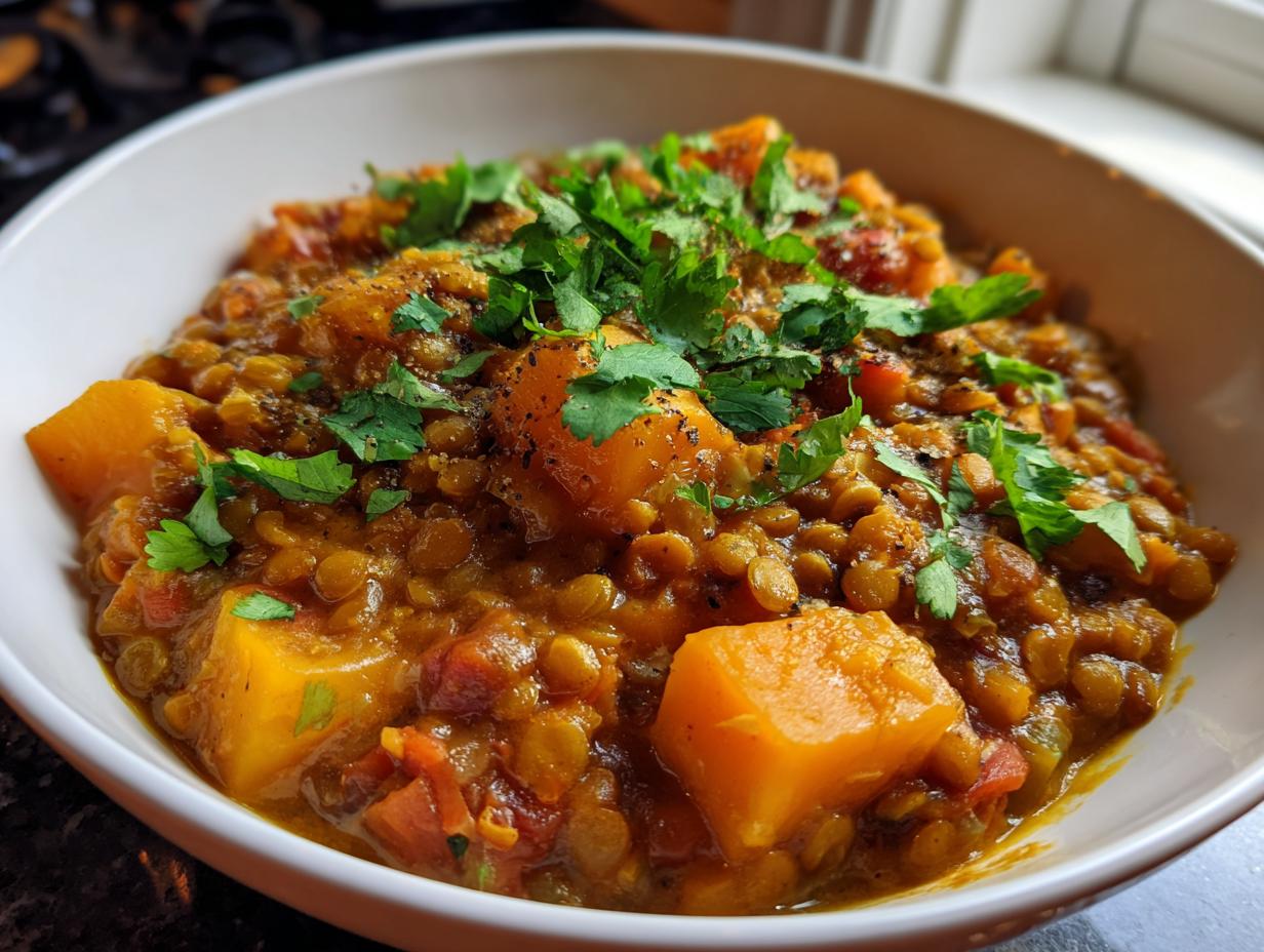 Bowl of Linsen-Curry mit Kürbis und Kokosmilch, garnished with fresh parsley. A creamy lentil curry with pumpkin.