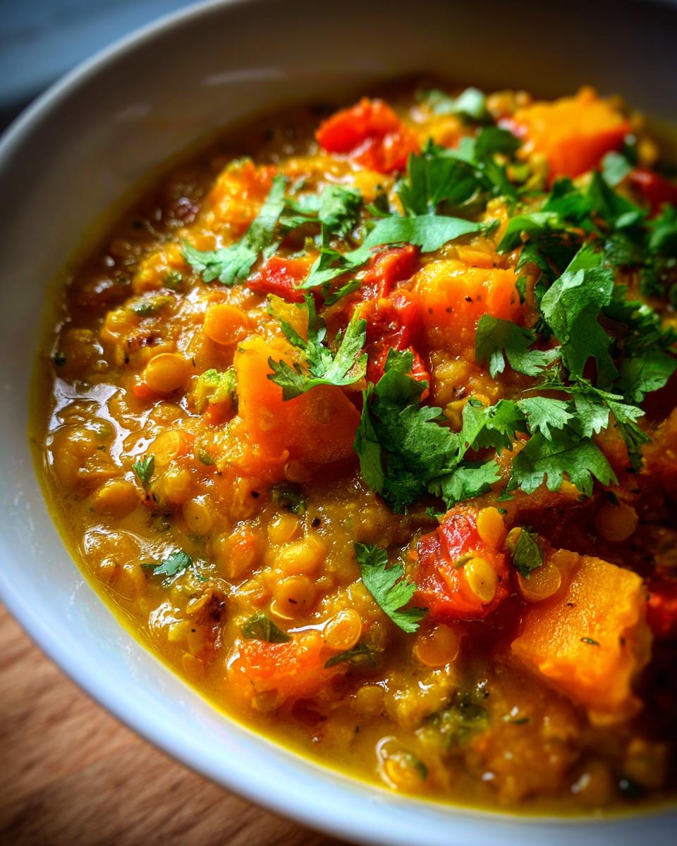Close-up of Linsen-Curry mit Kürbis und Kokosmilch in a white bowl, garnished with fresh cilantro.