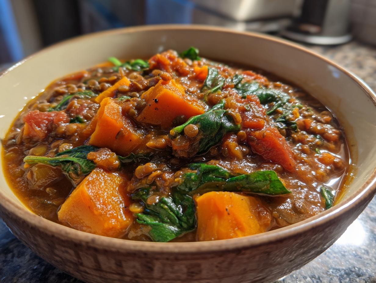 A bowl of hearty Linseneintopf mit Süßkartoffel und Spinat, featuring lentils, sweet potato, and spinach.