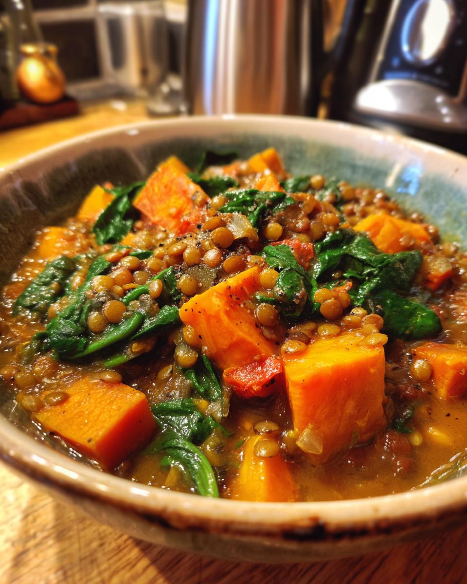 Close-up of Linseneintopf mit Süßkartoffel und Spinat in a bowl, showing lentils, sweet potato, and spinach.