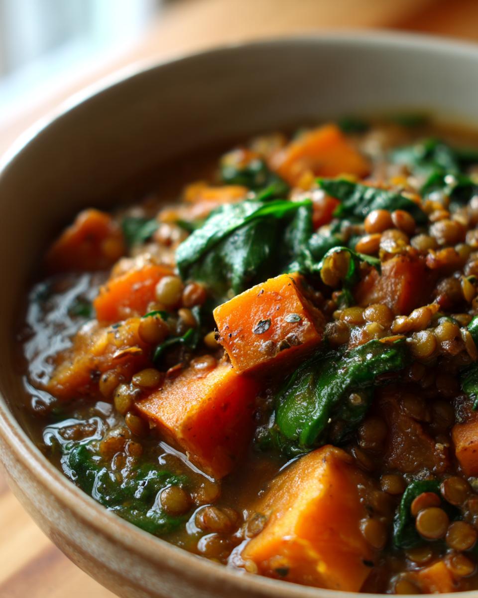 Close-up of Linseneintopf mit Süßkartoffel und Spinat in a bowl, showing lentils, sweet potato, and spinach.