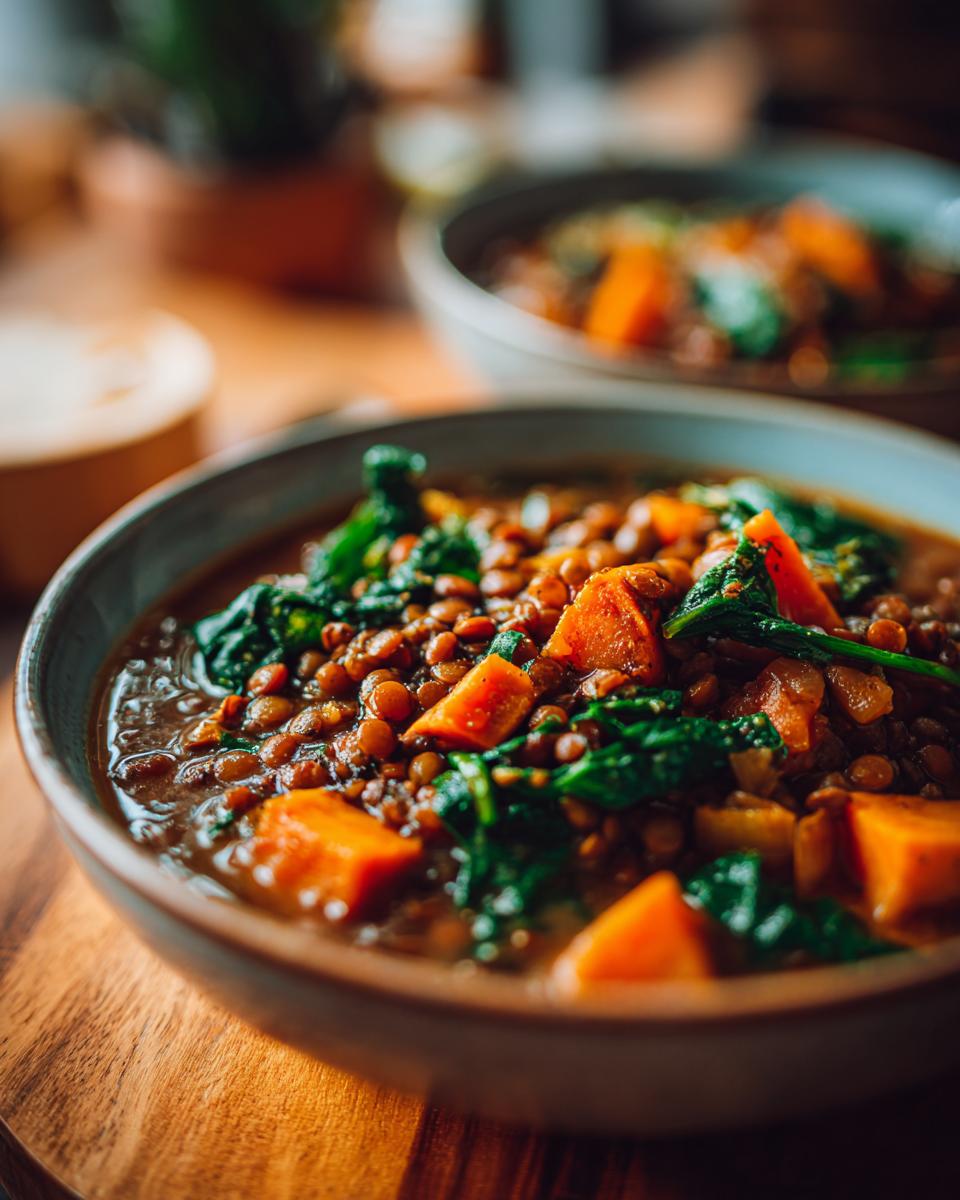 Close-up of Linseneintopf mit Süßkartoffel und Spinat in a bowl, showing lentils, sweet potato, and spinach.