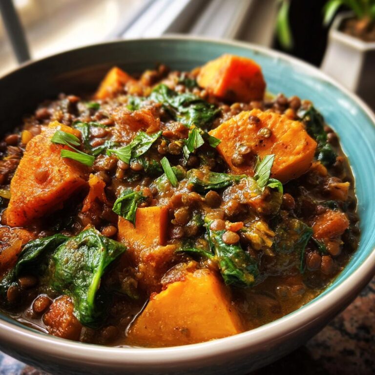 Close-up of Linseneintopf mit Süßkartoffel und Spinat in a blue bowl, garnished with fresh herbs.