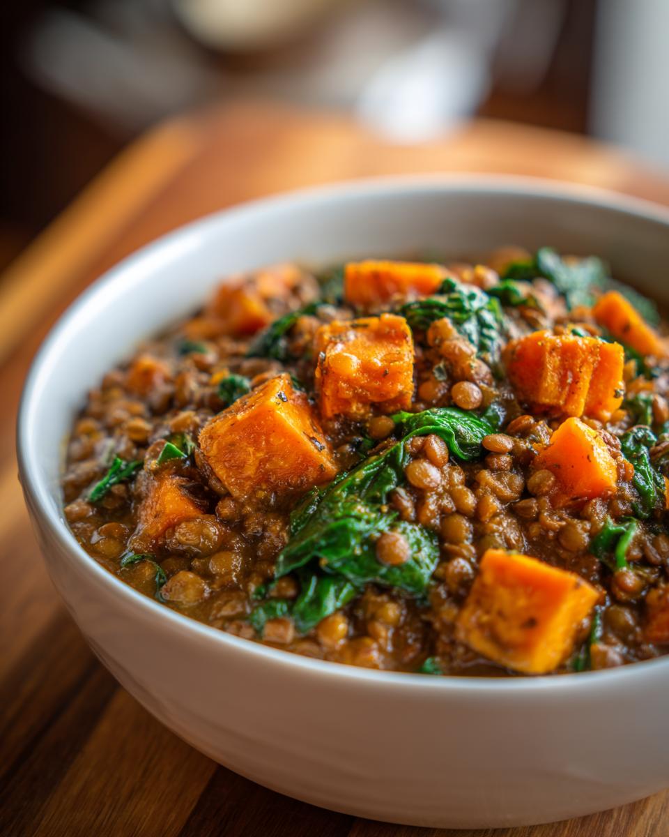 Nahaufnahme von Linseneintopf mit Süßkartoffel und Spinat in einer weißen Schüssel.