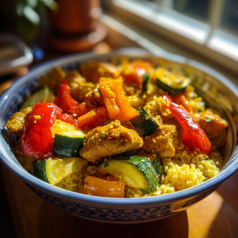 Close-up of a vibrant Marokkanische Hühner-Couscous-Schüssel with chicken, vegetables, and couscous.