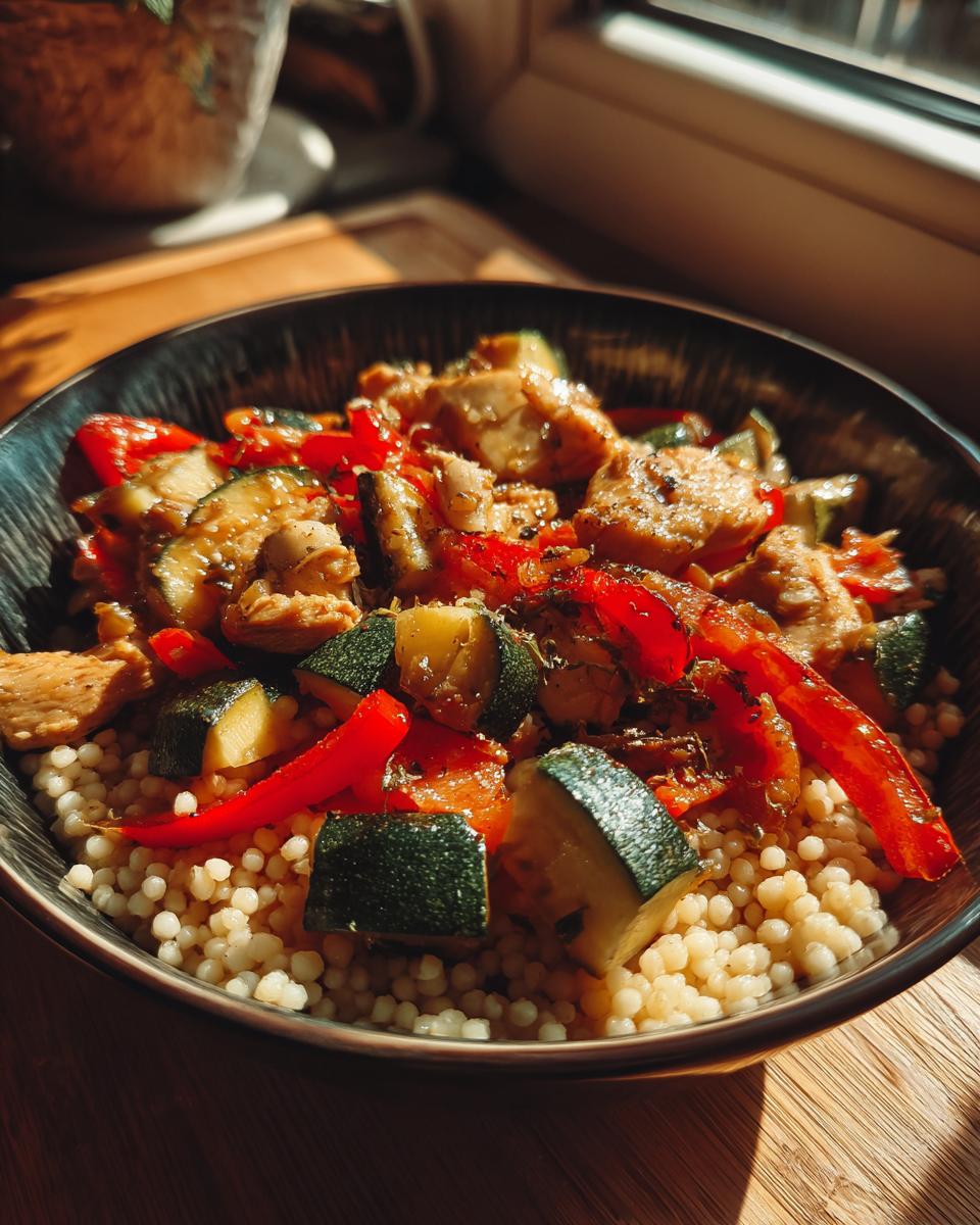Nahaufnahme einer Marokkanischen Hühner-Couscous-Schüssel mit Hühnchen, Gemüse und Couscous.