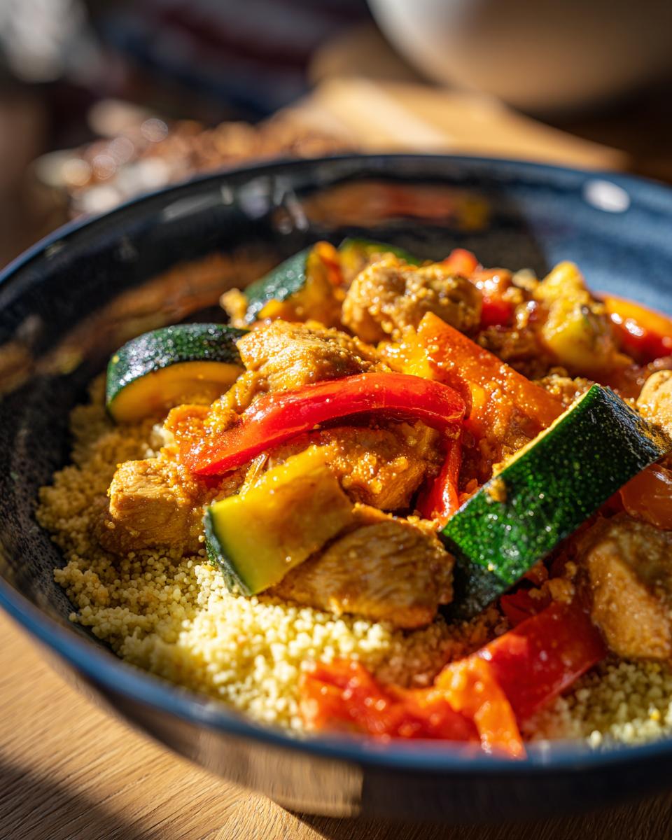 Nahaufnahme einer Marokkanische Hühner-Couscous-Schüssel mit Hühnchen, Couscous und Gemüse.