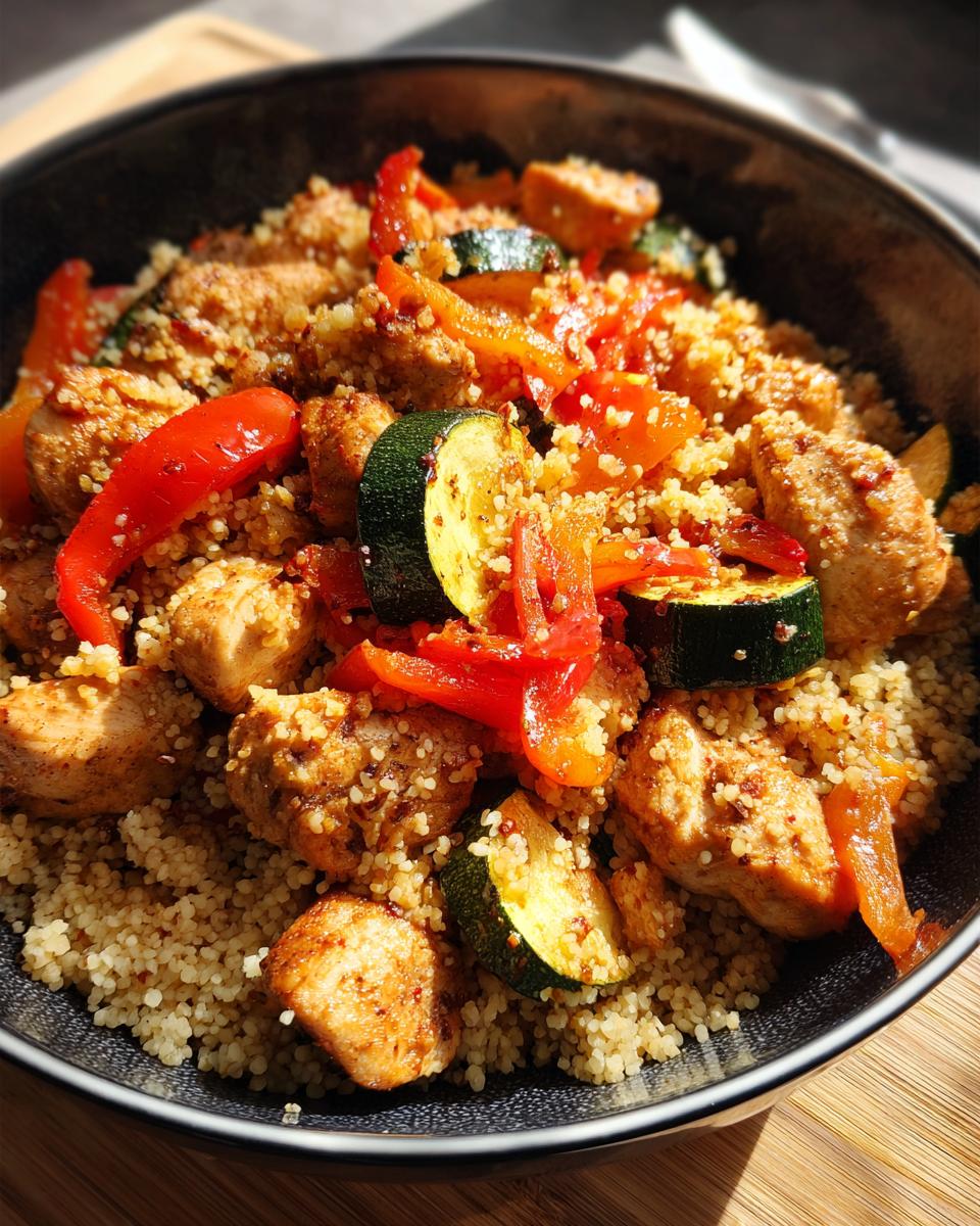Close-up of a vibrant Marokkanische Hühner-Couscous-Schüssel with chicken, couscous, zucchini, and red peppers.