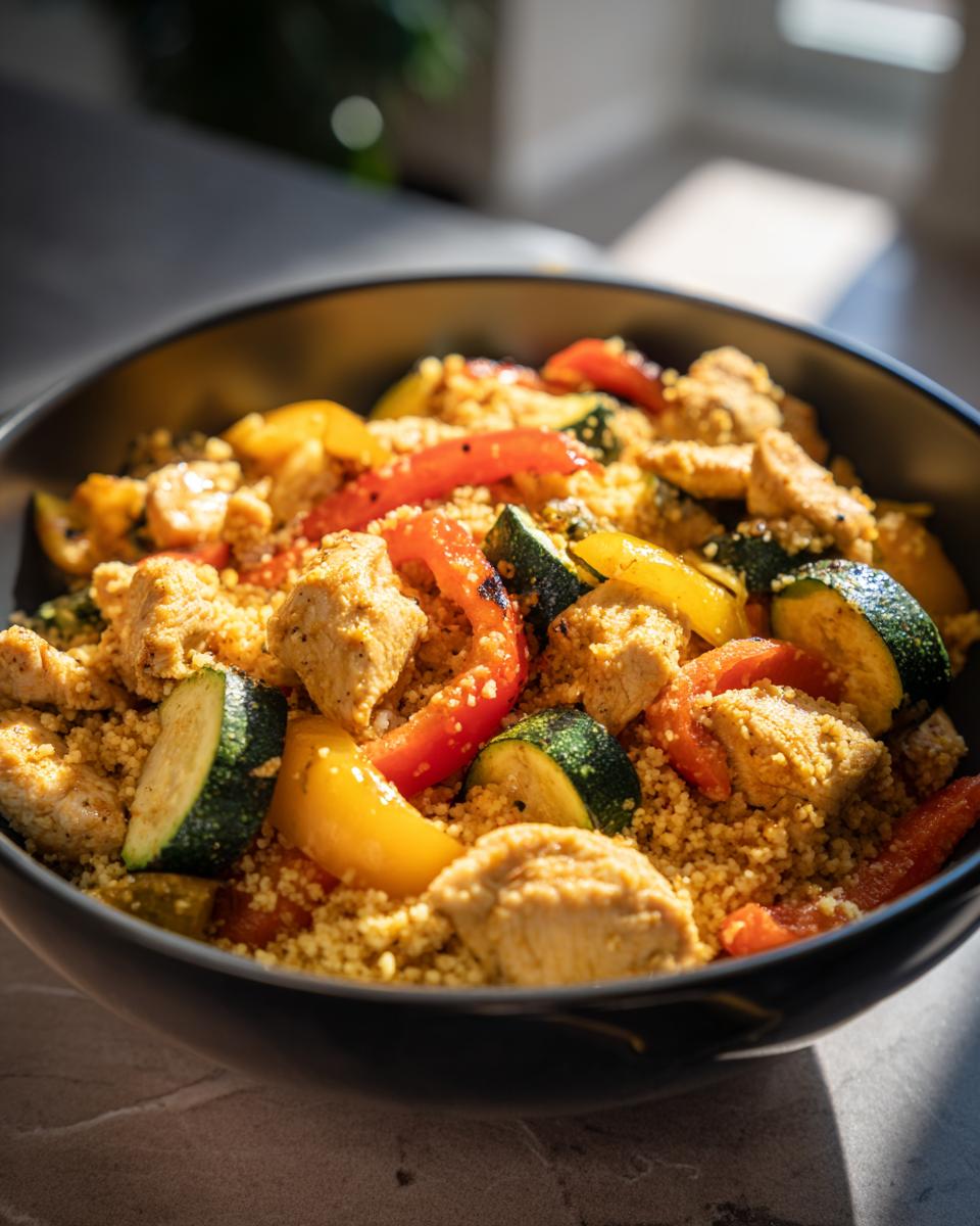 Close-up of a Marokkanische Hühner-Couscous-Schüssel with chicken, couscous, zucchini and bell peppers.
