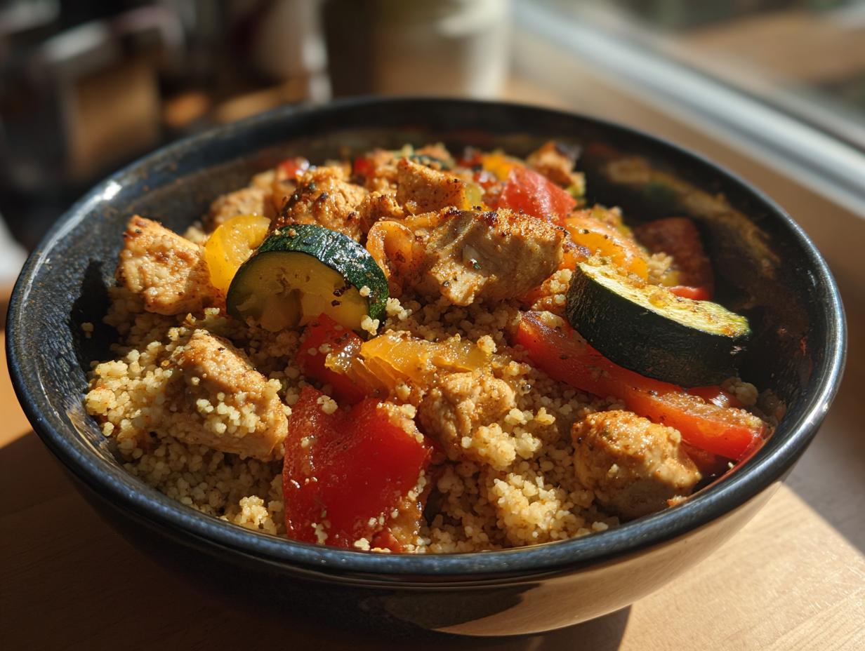 Nahaufnahme einer Marokkanische Hühner-Couscous-Schüssel mit Hühnchen, Couscous und Gemüse.