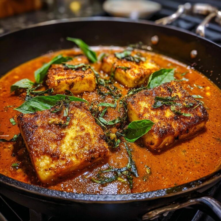 Close-up of Mary Me Tofu Rezepte in a pan, garnished with fresh basil leaves. A tasty dish.