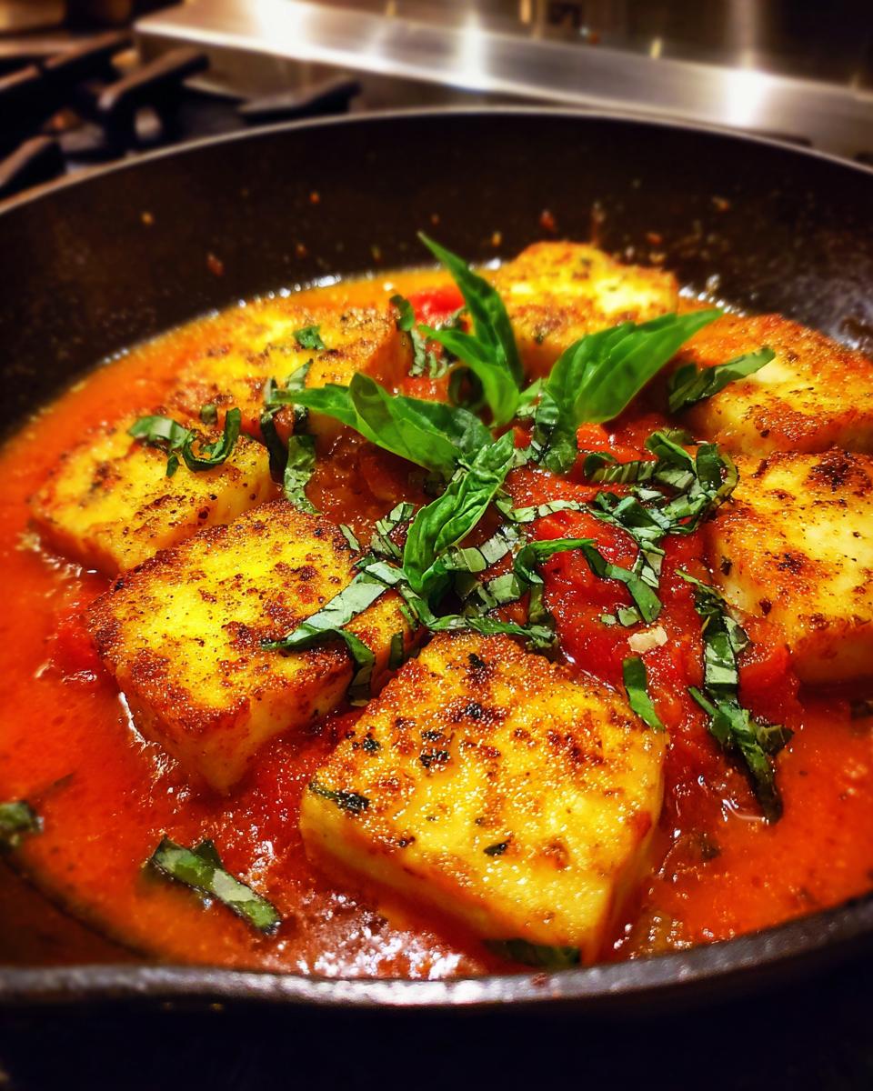 Pan of Mary Me Tofu rezepte with tomato sauce and basil, ready to serve.