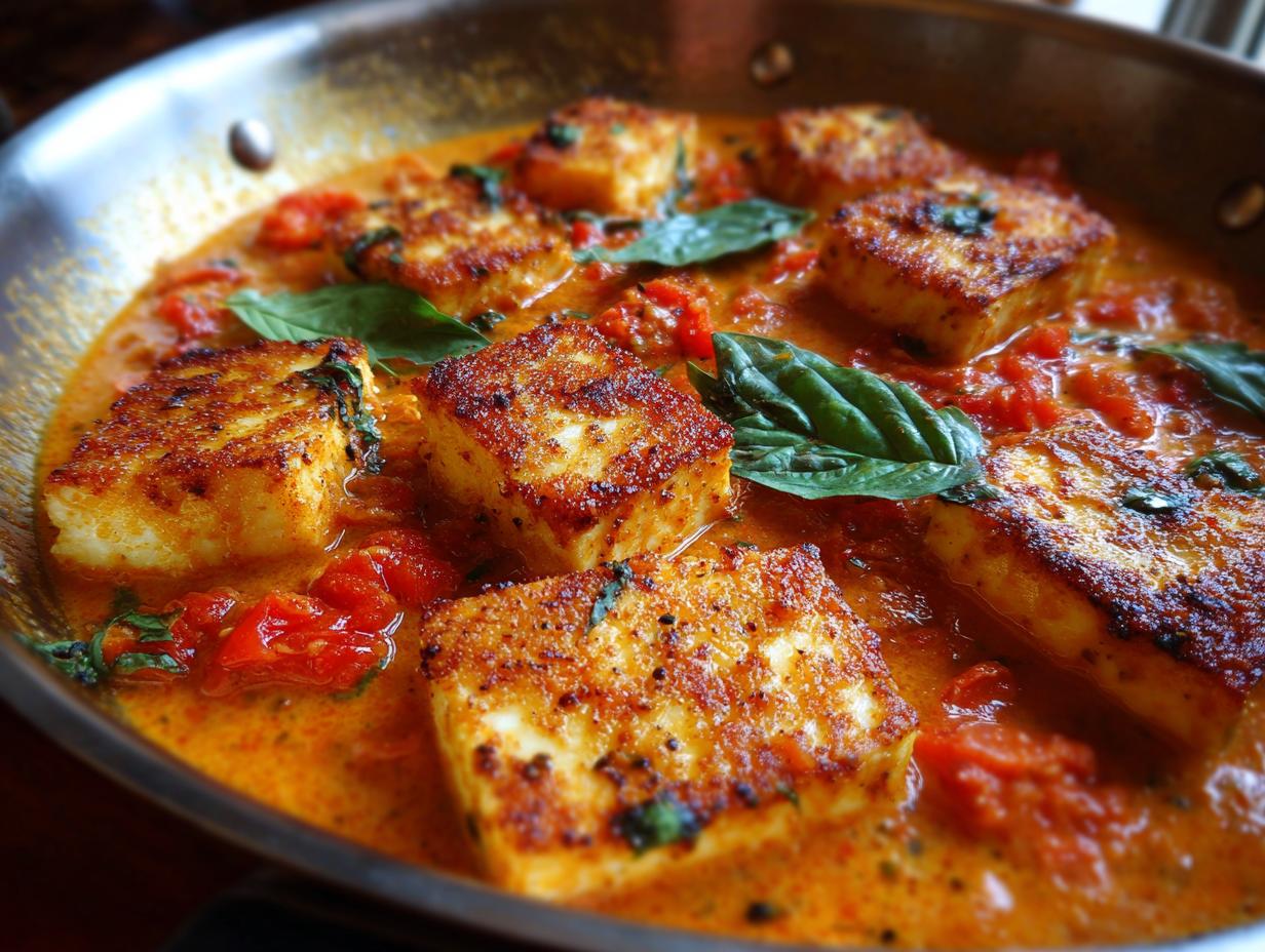 Pan of Mary Me Tofu rezepte with tomato sauce and basil, ready to serve. Delicious vegan meal.