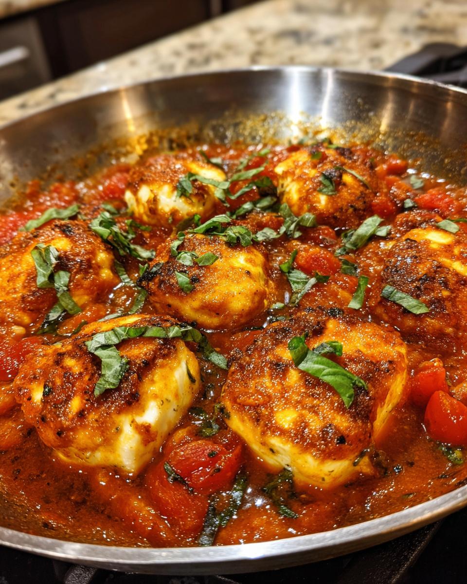 Pan of Mary Me Tofu rezepte simmering in a tomato sauce, garnished with fresh basil.