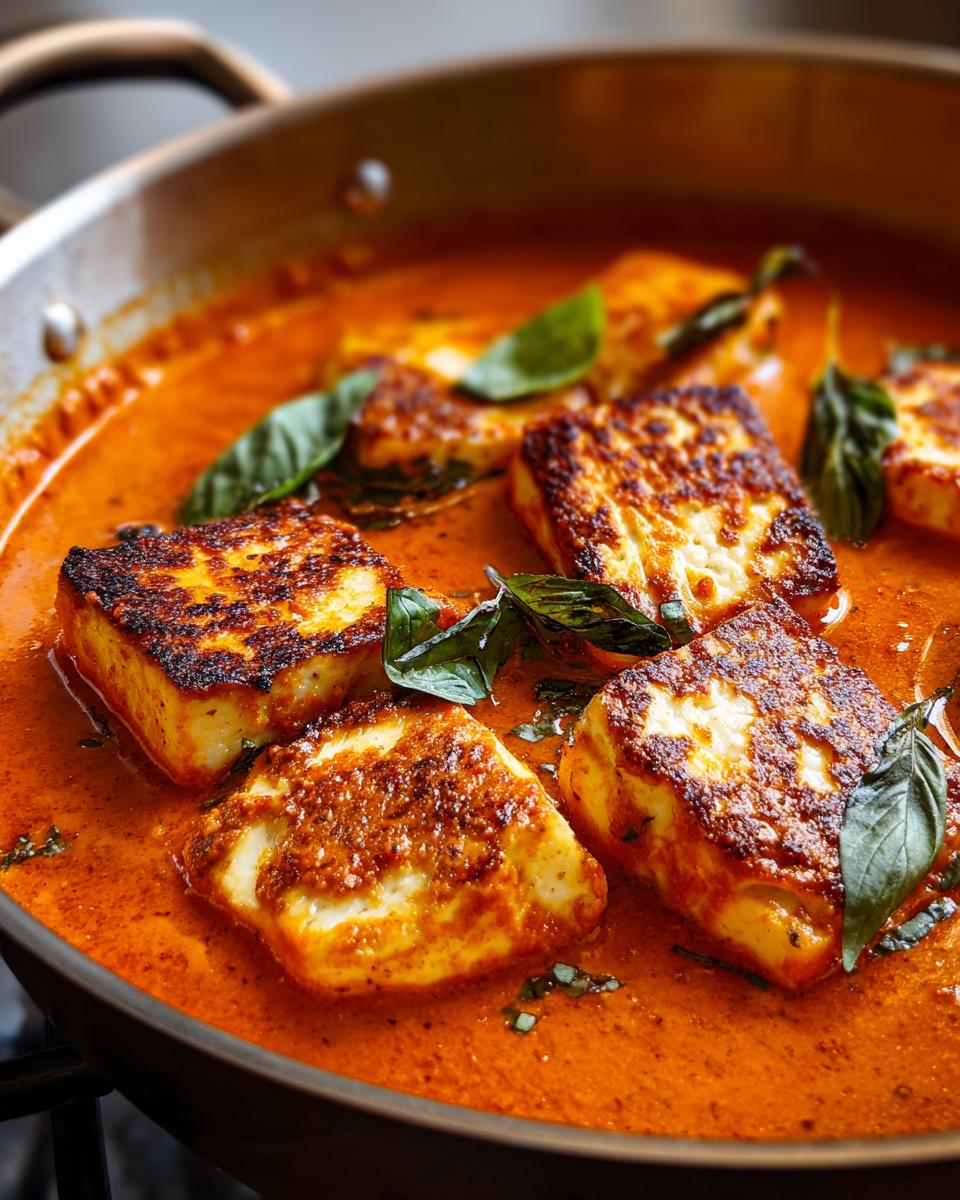 Close-up of Mary Me Tofu rezepte in a rich tomato sauce, garnished with fresh basil leaves.