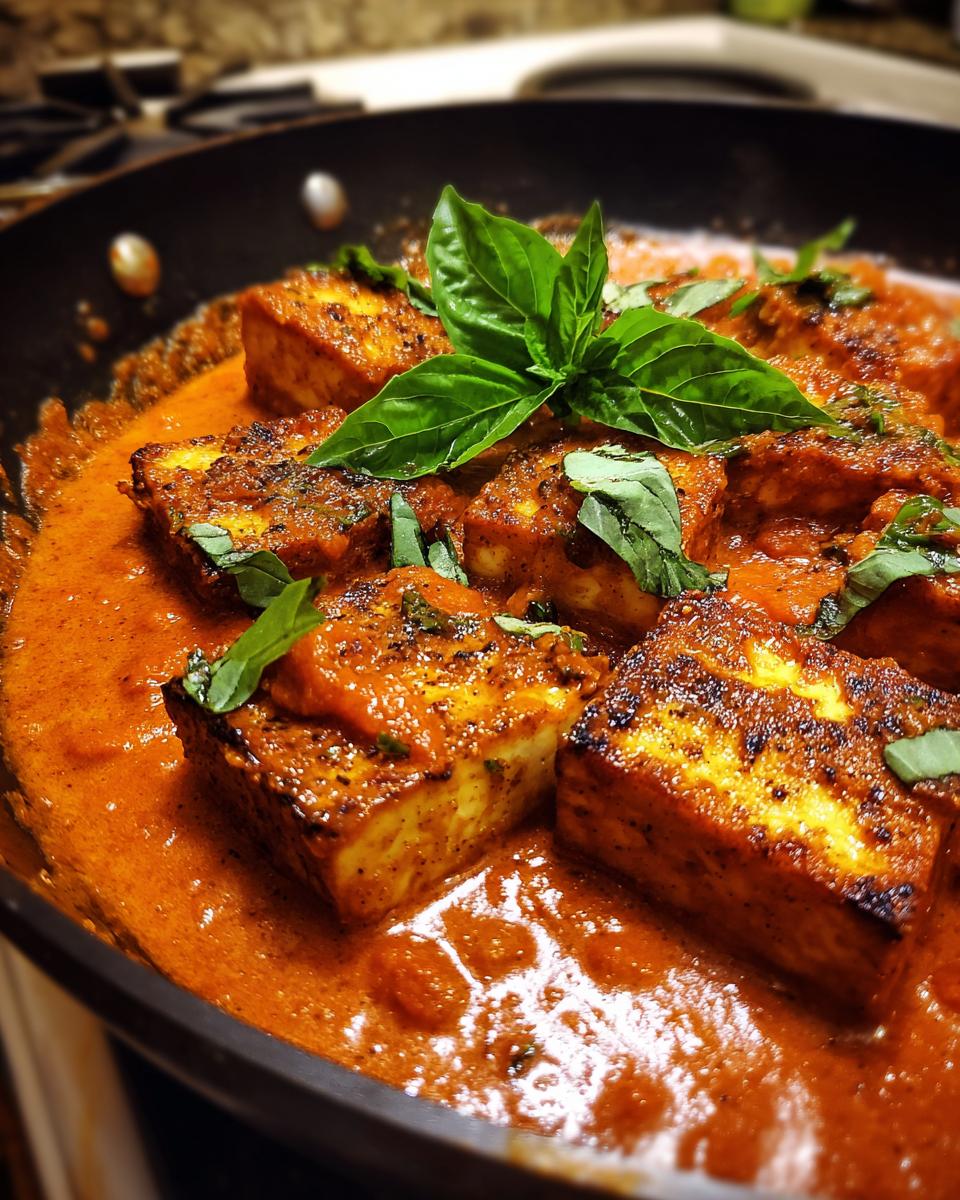 Close-up of Mary Me Tofu Rezepte dish with tofu cubes in a rich tomato sauce, garnished with fresh basil.