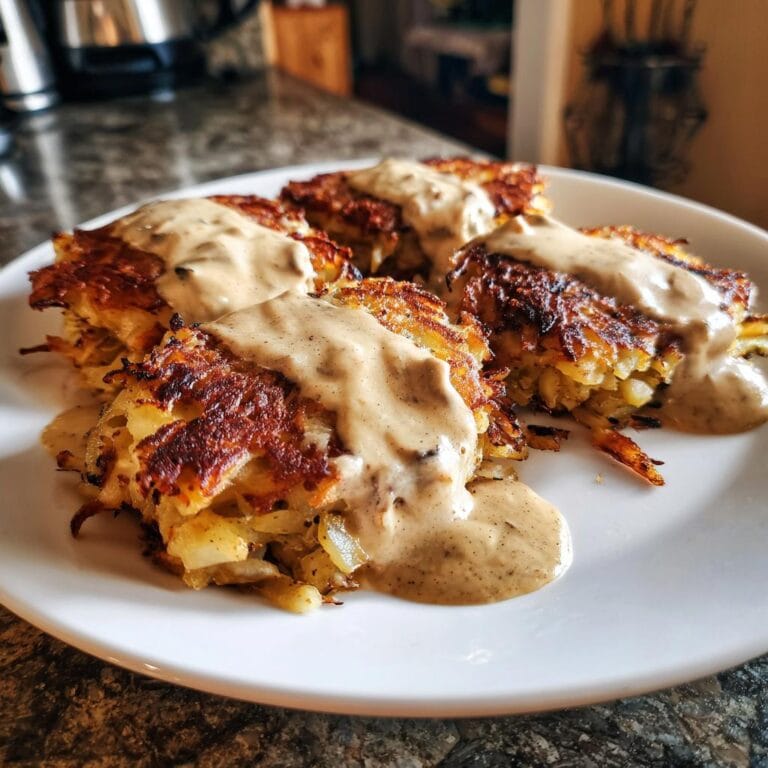 Four Mozzarella-Rösti mit Zwiebel-Pilzrahmsauce on a white plate, drizzled with mushroom cream sauce.