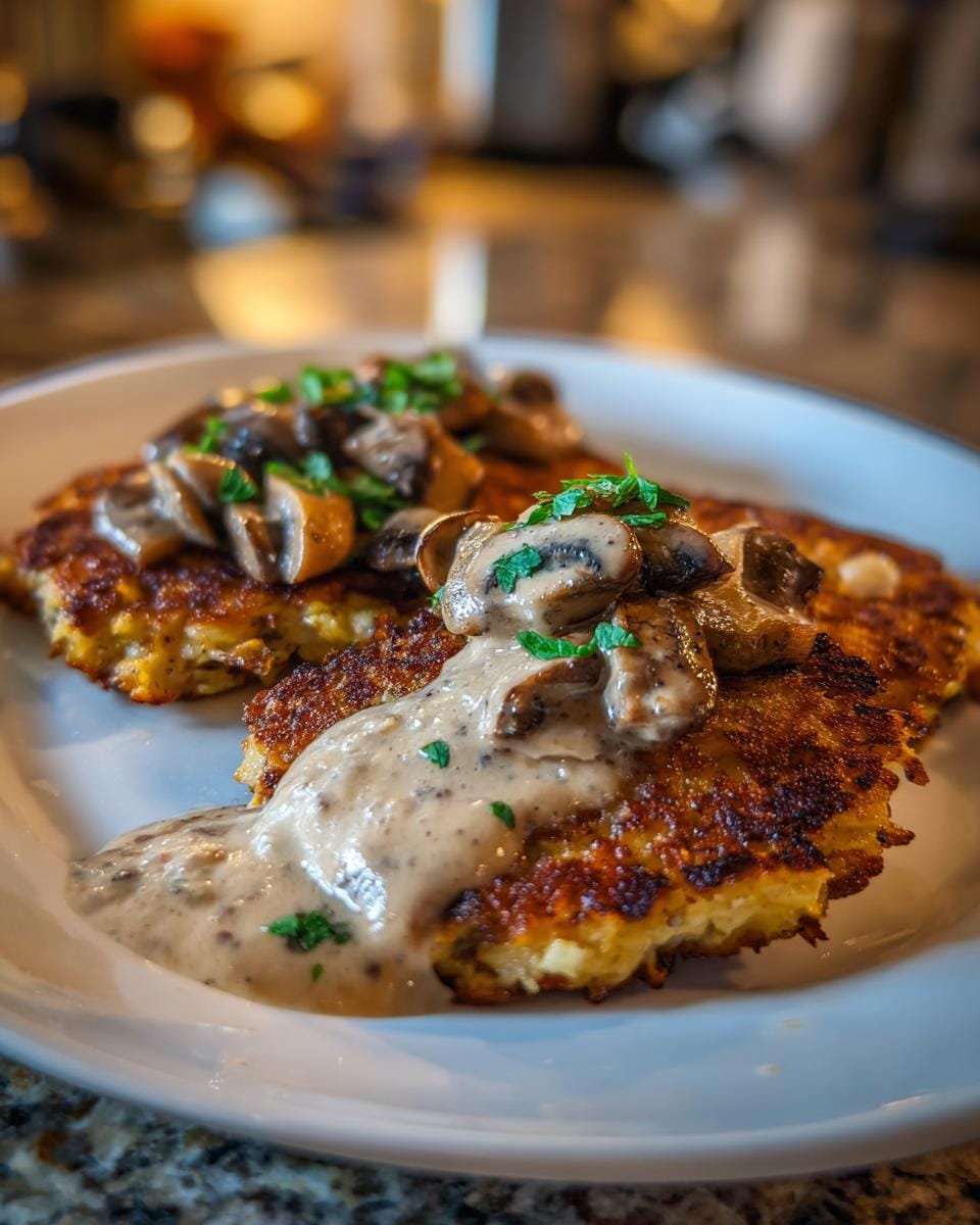 Two Mozzarella-Rösti topped with creamy Zwiebel-Pilzrahmsauce and fresh parsley, a vegetarian soulfood dish.