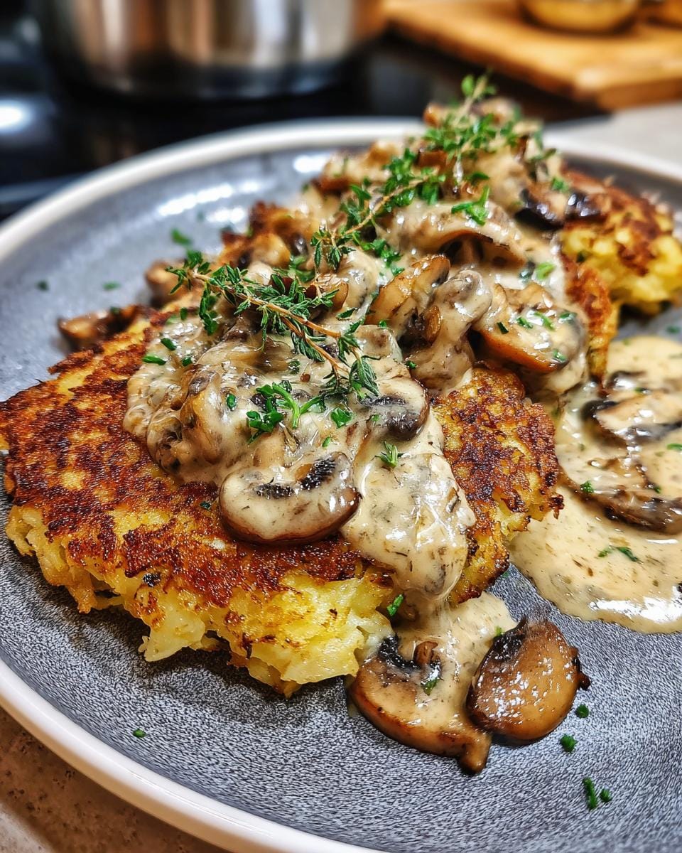 Close-up of Mozzarella-Rösti mit Zwiebel-Pilzrahmsauce, a vegetarian dish with potato cakes and creamy mushroom sauce.