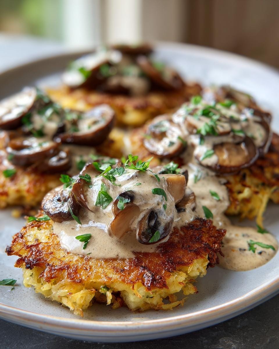 Close-up of Mozzarella-Rösti mit Zwiebel-Pilzrahmsauce, a vegetarian dish with mushroom cream sauce.