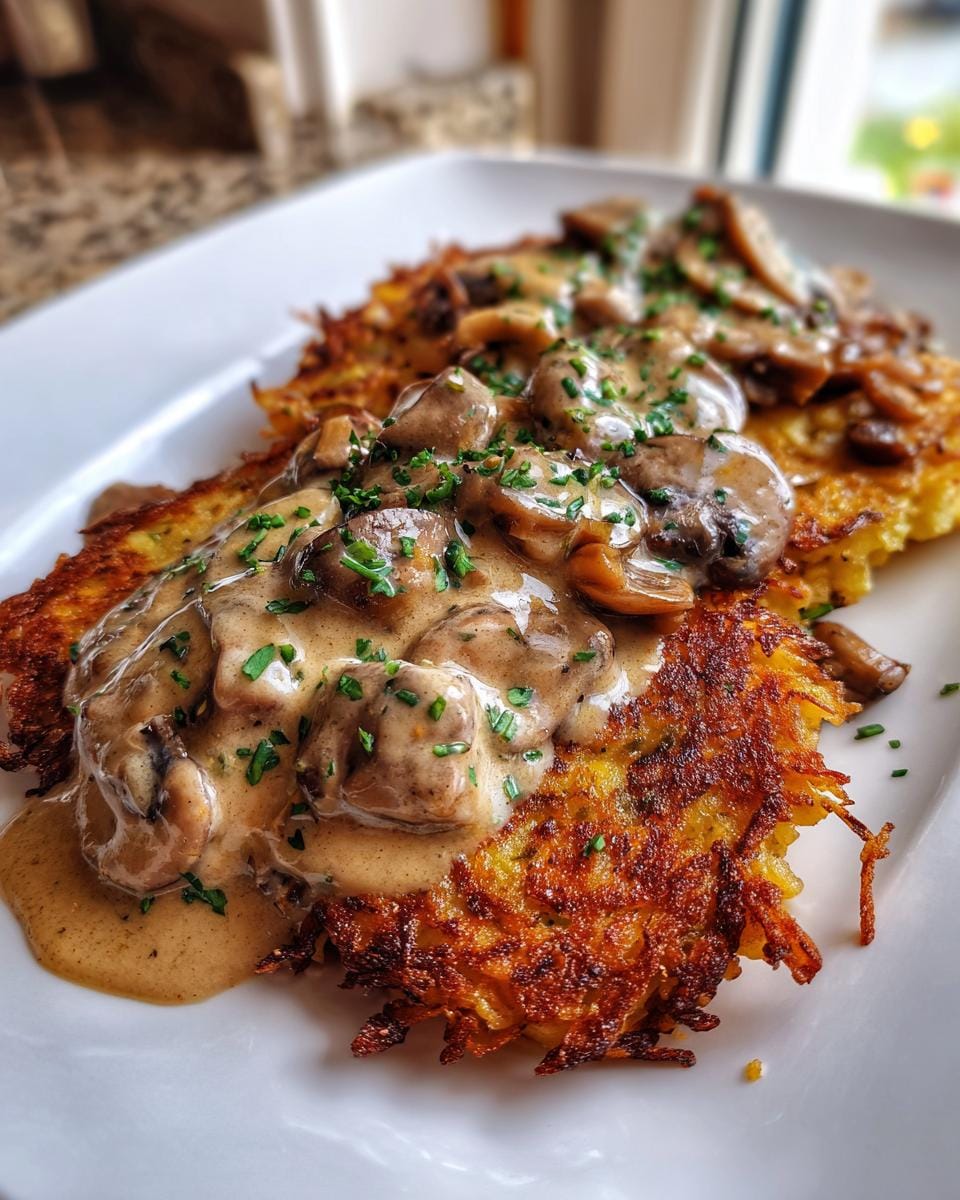 Close-up of Mozzarella-Rösti mit Zwiebel-Pilzrahmsauce, a vegetarian dish with mushroom sauce and fresh herbs.