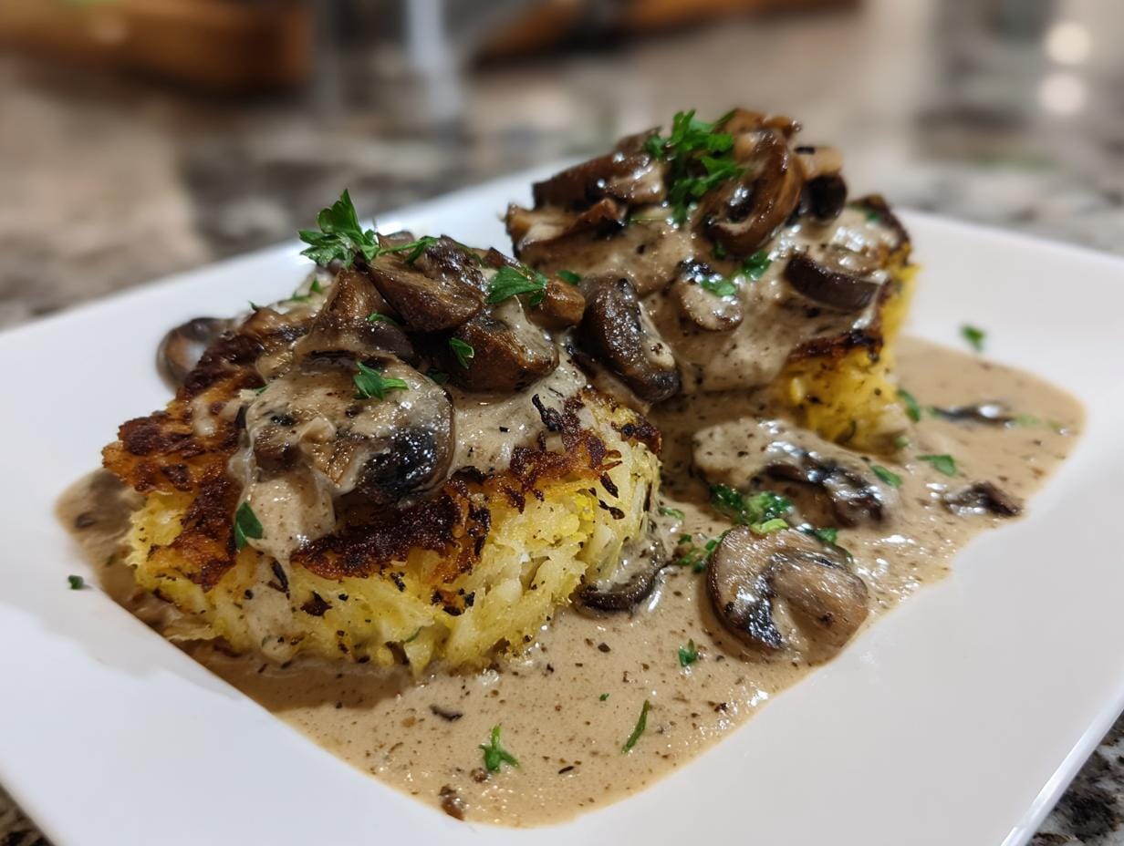 Two Mozzarella-Rösti topped with creamy Zwiebel-Pilzrahmsauce and fresh parsley, a vegetarian delight.