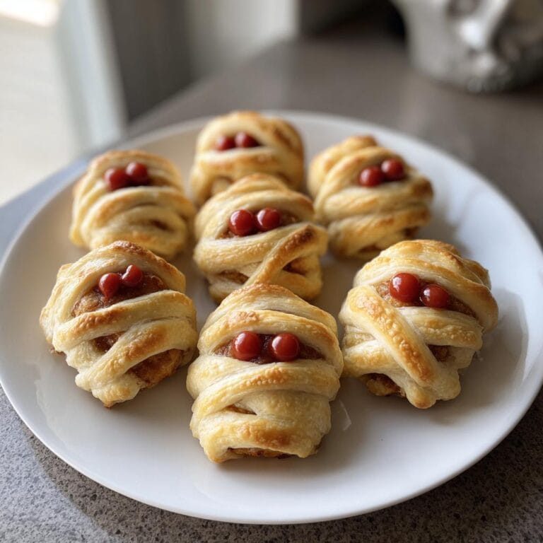 Halloween Mumien Hackfleischbällchen auf einem Teller, dekoriert mit Blätterteig und Tomaten.