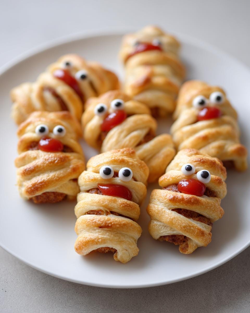 Halloween Mumien Hackfleischbällchen auf einem Teller, verziert mit Augen und Ketchup.