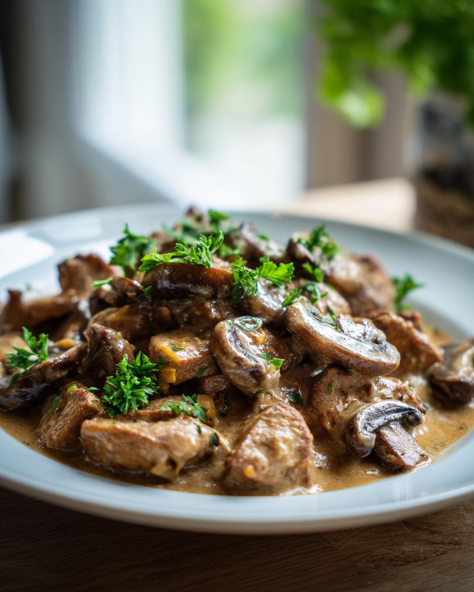 Close-up of Mushroom and Seitan Stroganoff on a white plate, garnished with fresh parsley.