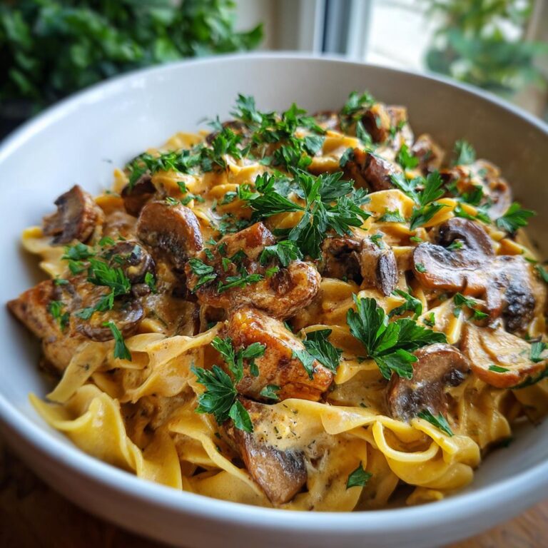 Bowl of Mushroom and Seitan Stroganoff with egg noodles and fresh parsley garnish.