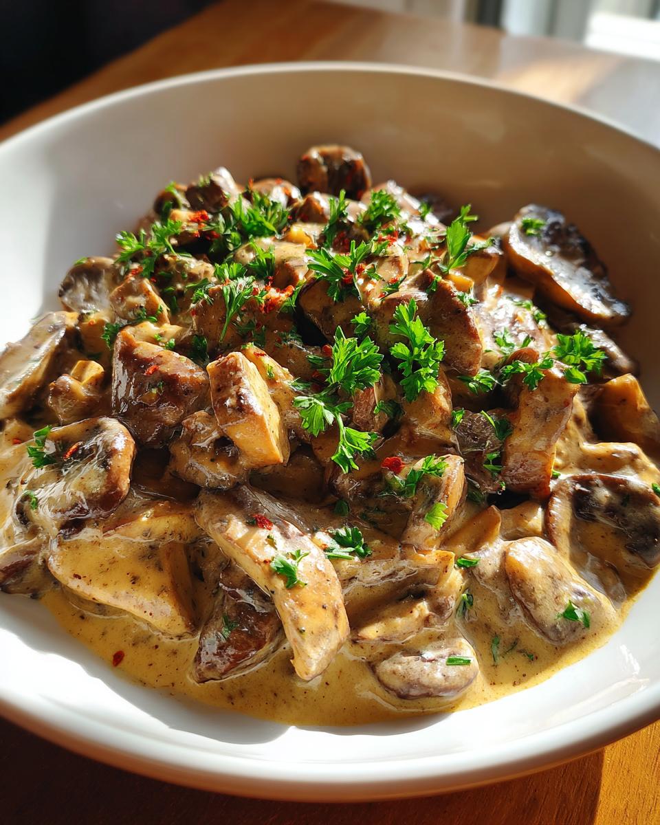 A bowl of delicious Mushroom and Seitan Stroganoff, garnished with parsley.