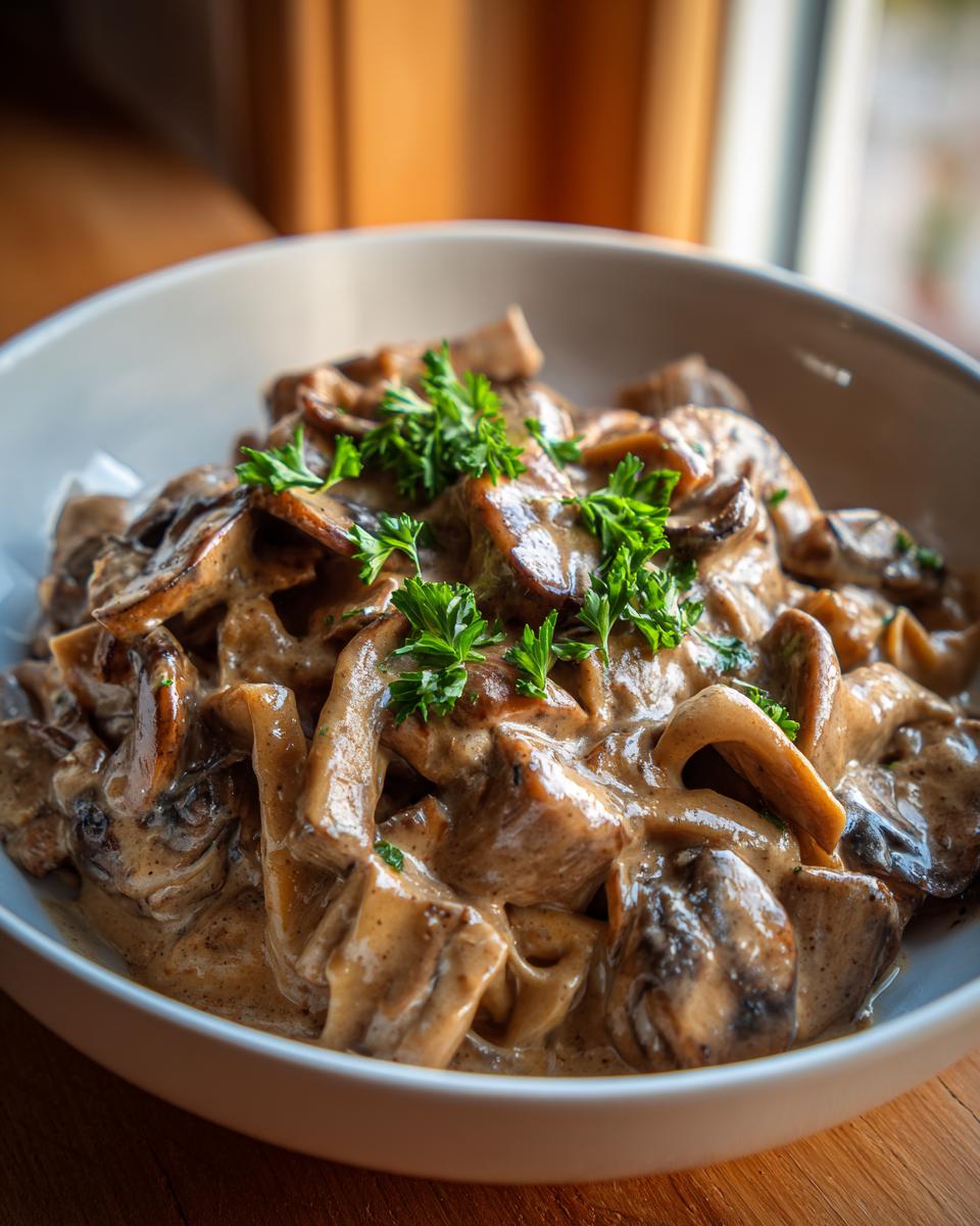 A bowl of creamy Mushroom and Seitan Stroganoff, garnished with fresh parsley.