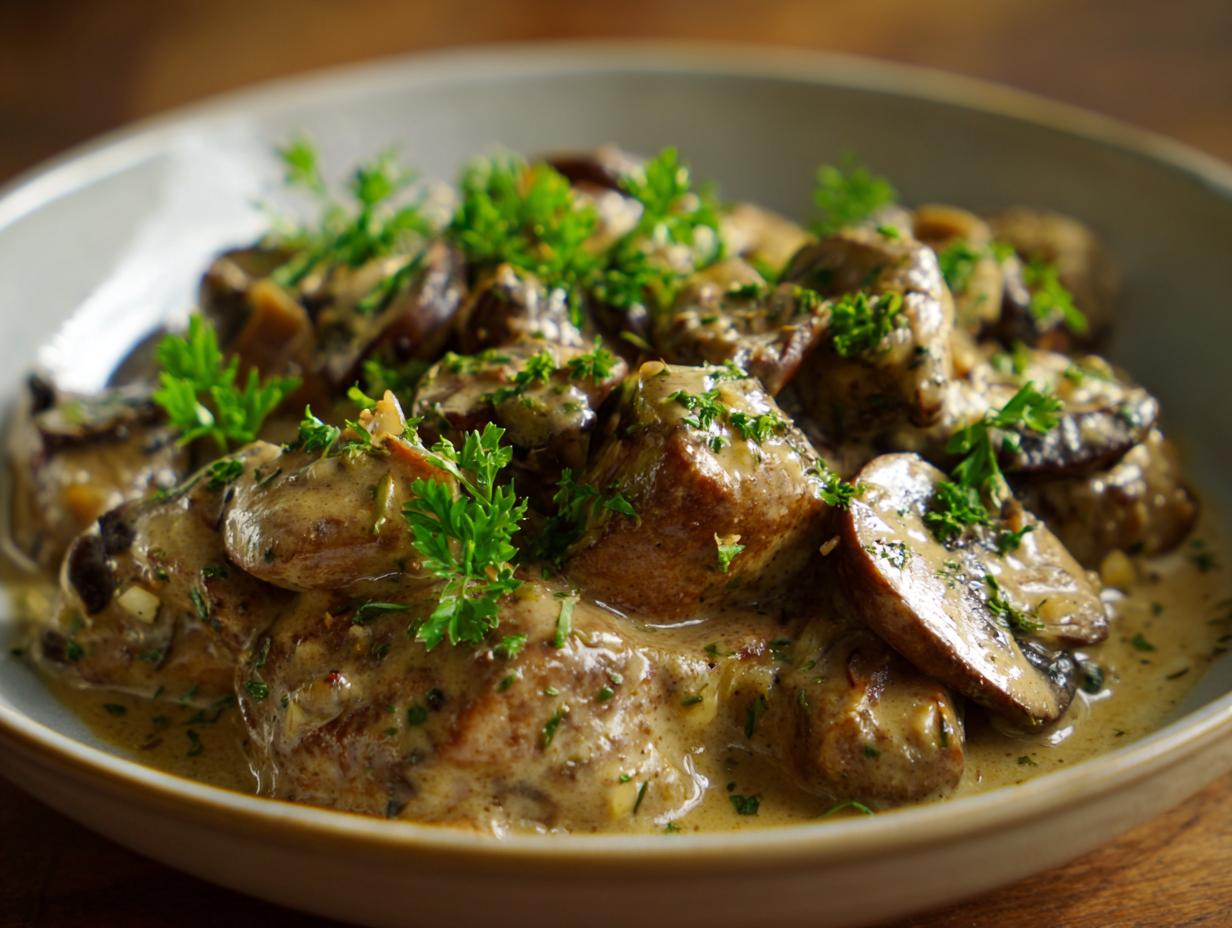 A bowl of creamy Mushroom and Seitan Stroganoff, garnished with fresh parsley.
