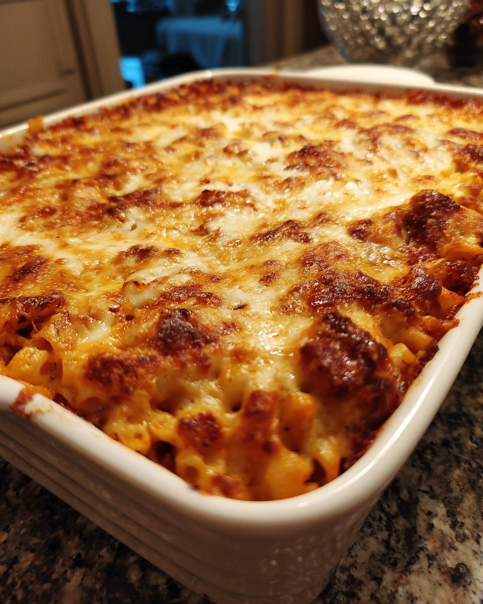 Close-up of a freshly baked Nudelauflauf alla mamma with a golden, cheesy topping in a white baking dish.