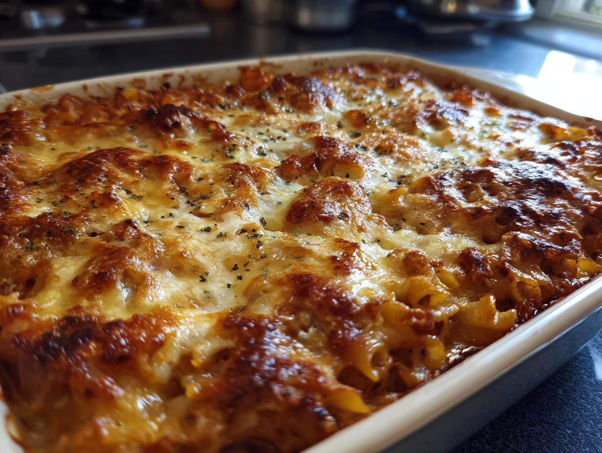 Close-up of a freshly baked Nudelauflauf alla mamma in a ceramic baking dish, topped with melted cheese.
