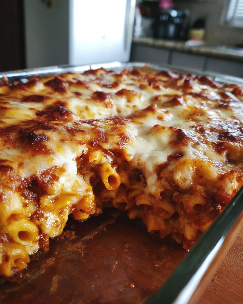 Close-up of Nudelauflauf alla mamma, a German pasta bake with cheese topping in a glass baking dish.
