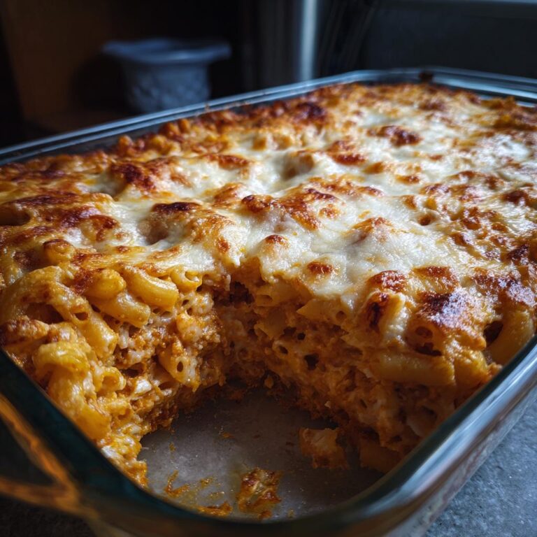 Close-up of a freshly baked Nudelauflauf alla mamma with a golden cheese topping in a glass baking dish.